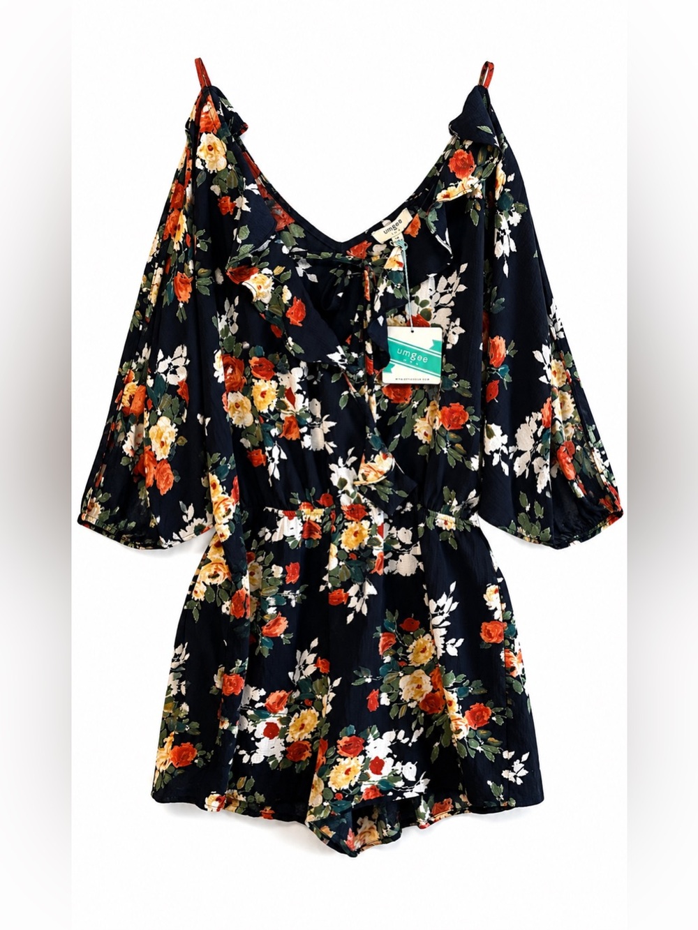 Umgee USA NWT Floral Romper Medium Navy Split Slit Sleeve Boho Ruffle